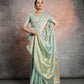 Vishnu Weaves Women's Sea-Green Tissue Linen Zari Woven Saree with Blouse - Swadesiicart