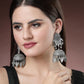 NVR Women's Silver-Plated Oxidised Artificial Stones Dome Shaped Jhumka Earrings | Swadesiicart