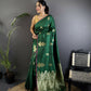 Joban Fashion Dark Green Banarasi Lichi Silk Gold Zari Meena Saree | Swadesiicart