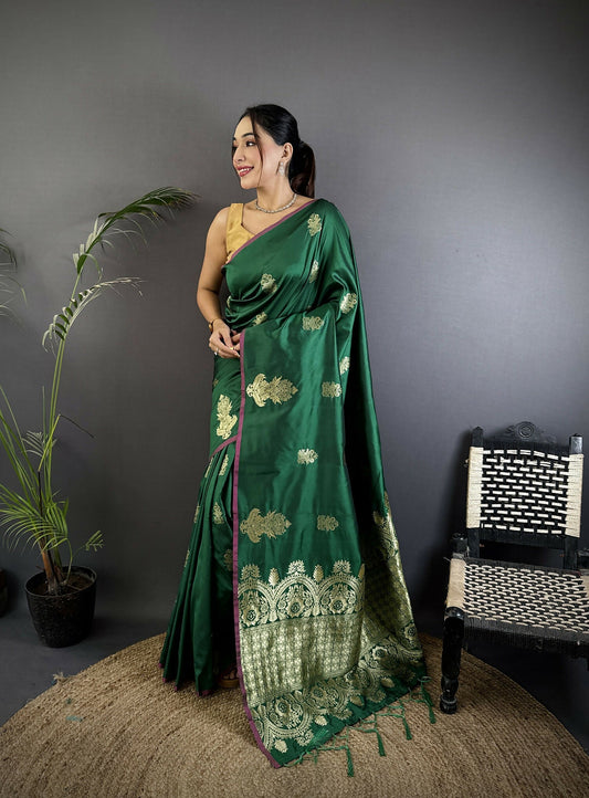 Joban Fashion Dark Green Banarasi Lichi Silk Gold Zari Meena Saree | Swadesiicart