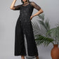 Ahalyaa Womens Black Crepe & Net Glitter Print Jumpsuit - Swadesiicart
