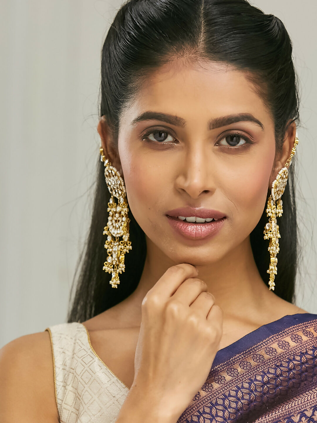 Nuyug 22 K Gold-Plated Elegant Kundan Studded & Pearl Beaded Crescent Shaped Kanauti Earrings | Swadesiicart