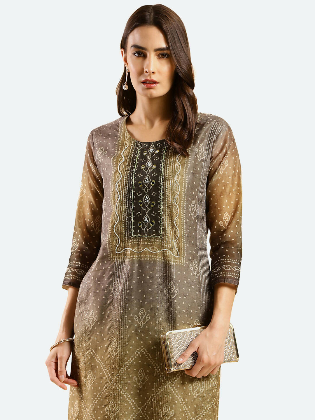 Brown Chinon Digital Printed With Hand Work Kurta - Himanshi - Swadesiicart