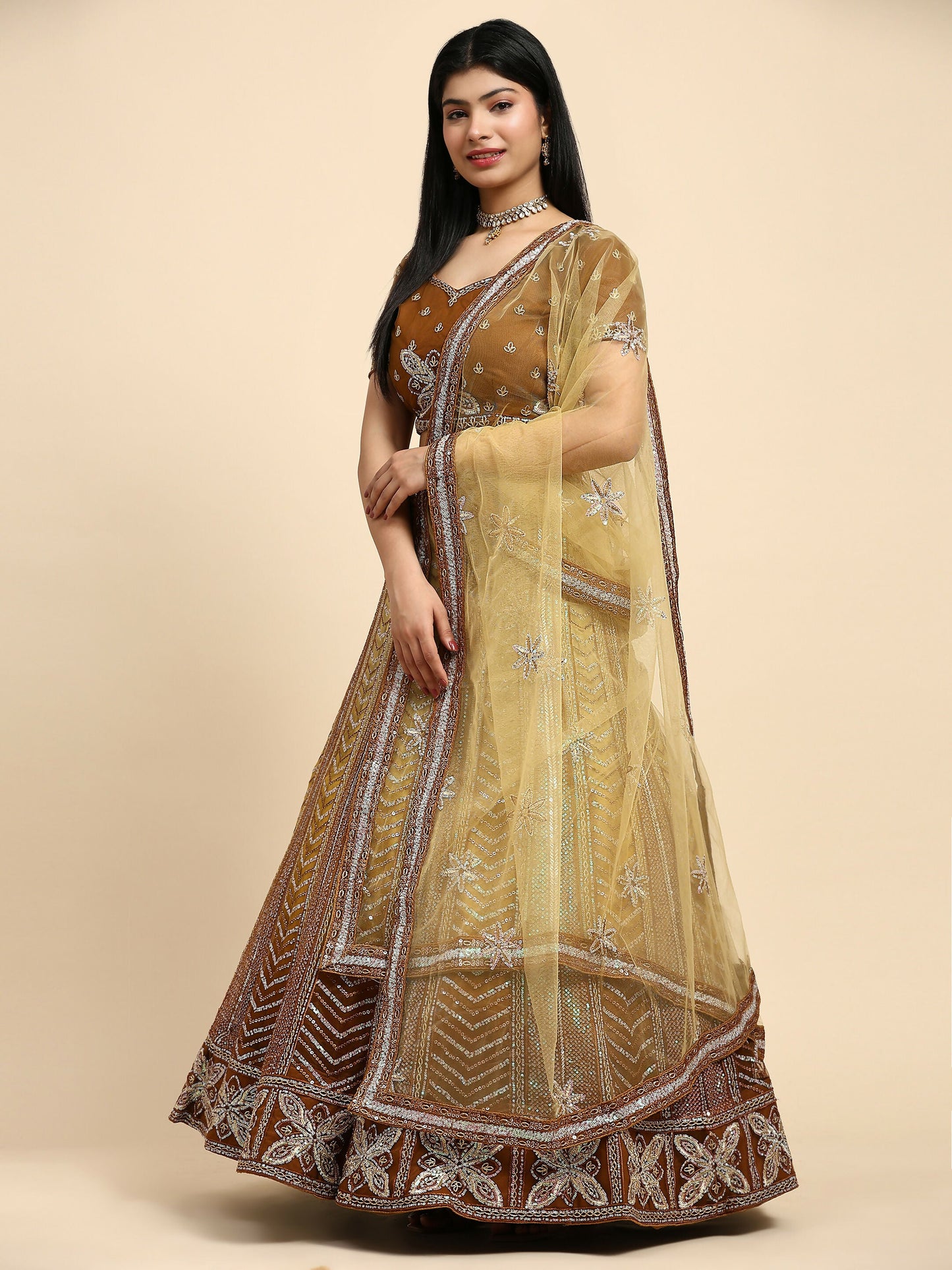 Brown Fancy Net Sequence Embroidered Lehenga Choli with Dupatta - Dhara | Swadesiicart