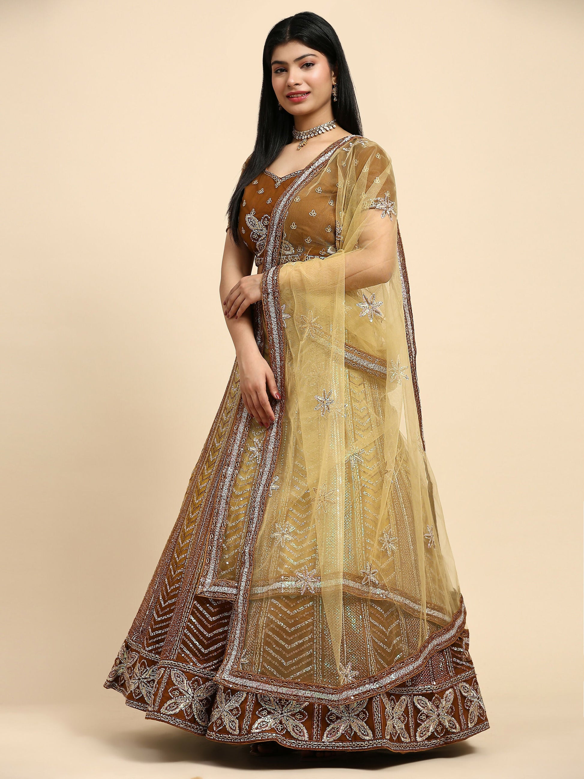 Brown Fancy Net Sequence Embroidered Lehenga Choli with Dupatta - Dhara | Swadesiicart