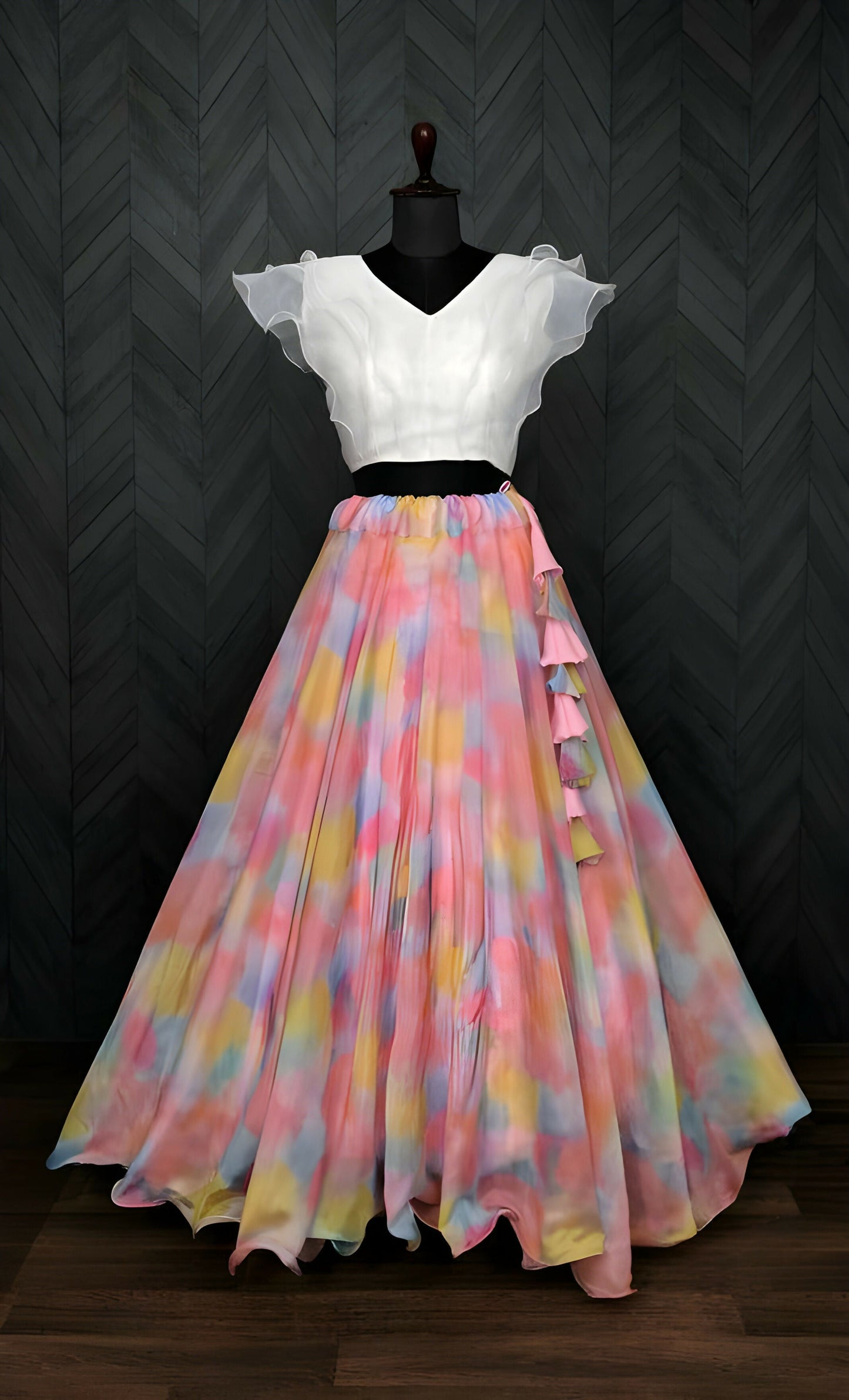Dishitha Creation Floral Printed Stitched Lehenga & Crop Top - White & Pink | Swadesiicart