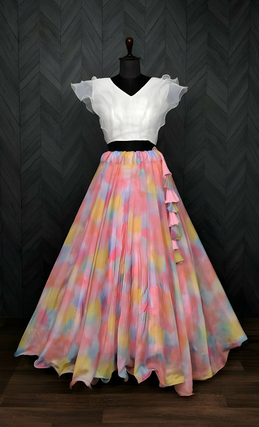 Dishitha Creation Floral Printed Stitched Lehenga & Crop Top - White & Pink | Swadesiicart
