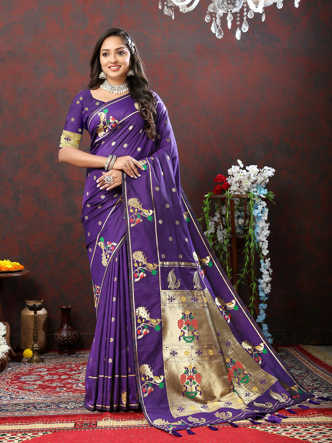 Lorenvalley Fashion Purple Soft Paithani Silk Woven Design Gold Zari Meenakari Weaving Saree - Swadesiicart