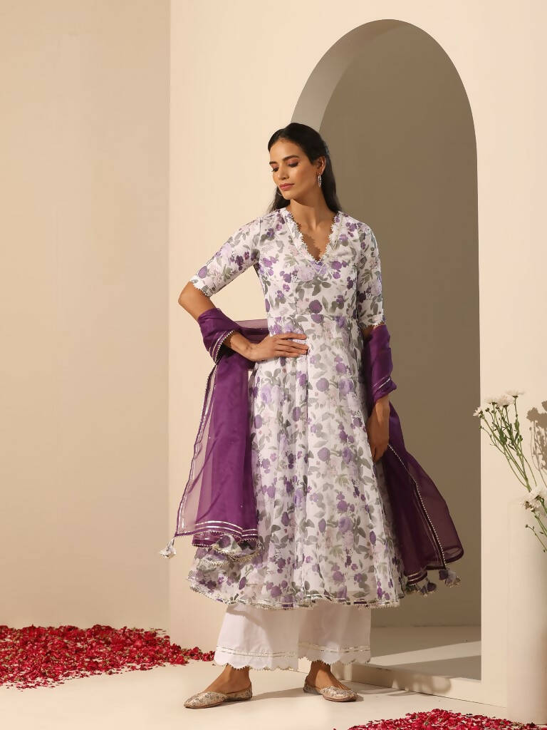 Pomcha Jaipur White Gul Jamini Anarkali Set | Swadesiicart