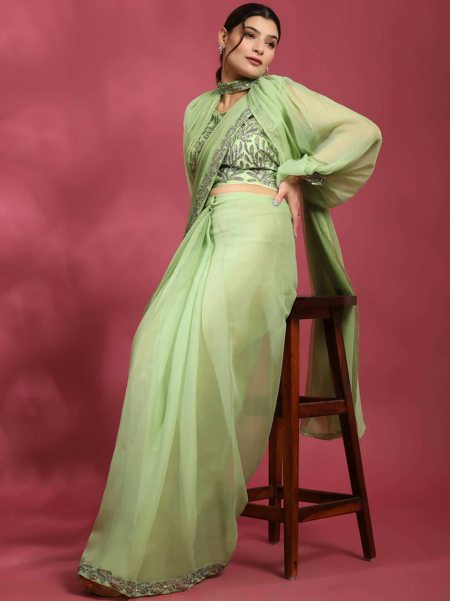 Green Fancy Pure Fabric Plain Ready to wear Saree with stitched Blouse - Vrinda | Swadesiicart