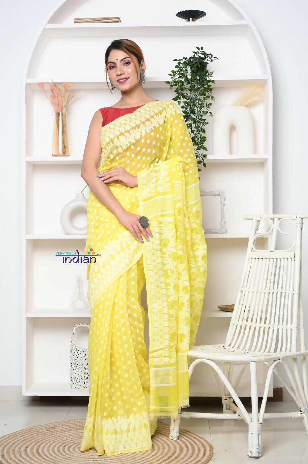 Very Much Indian Jamdhani Cotton Saree With Polka Dot Pallu - Lime Yellow | Swadesiicart