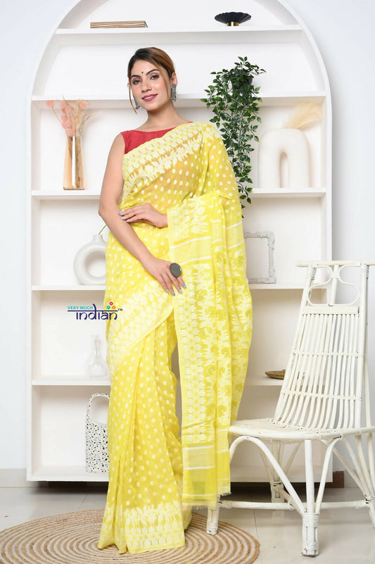 Very Much Indian Jamdhani Cotton Saree With Polka Dot Pallu - Lime Yellow | Swadesiicart