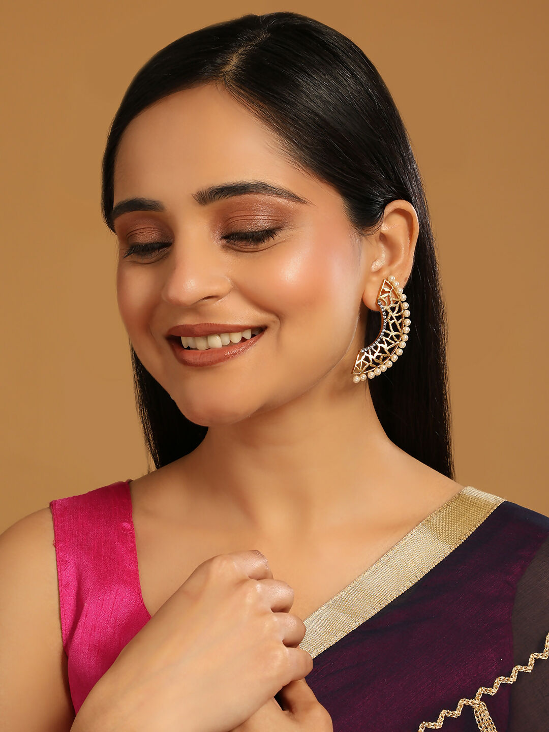 Nuyug 22K Gold-Plated Zircon Studded & Pearl Beaded Contemporary Shaped Statement Stud Earrings | Swadesiicart