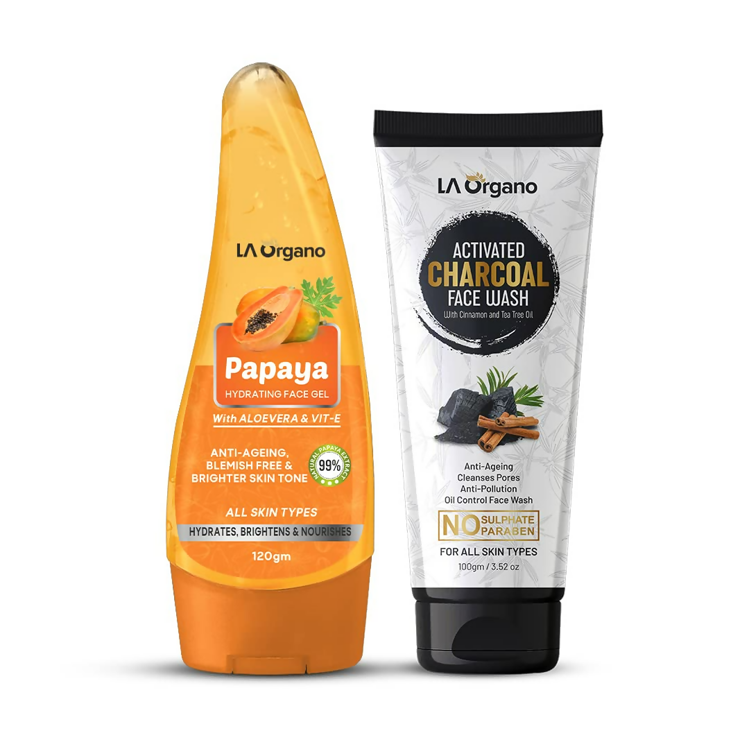 LA Organo Papaya Hydrating Face Gel with Alovera,Vit-E & Activate Charcoal Face Wash Combo | Swadesiicart