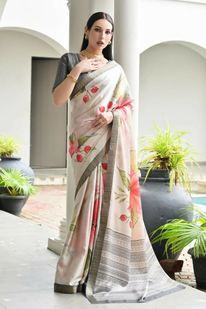 Vishnu Weaves Women's Grey Satin Silk Printed Saree with Blouse - Swadesiicart