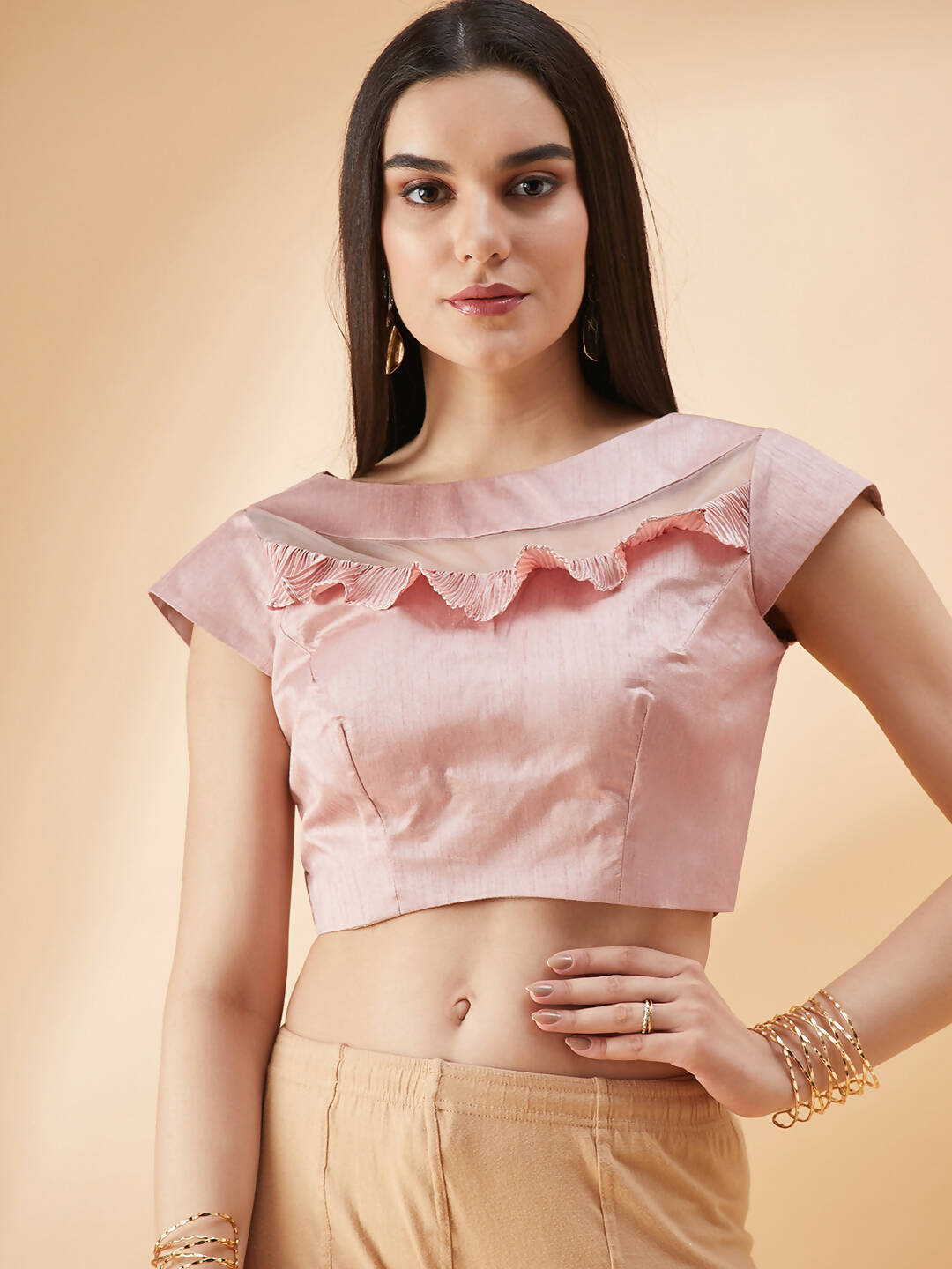 Pink Lycra Frill Details, Hand Embroidered Brooch Saree - Norita Hit Design - Swadesiicart