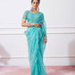 Blue Net Designer Thread Embroidery Work Saree with Unstitched Blouse - Vandini