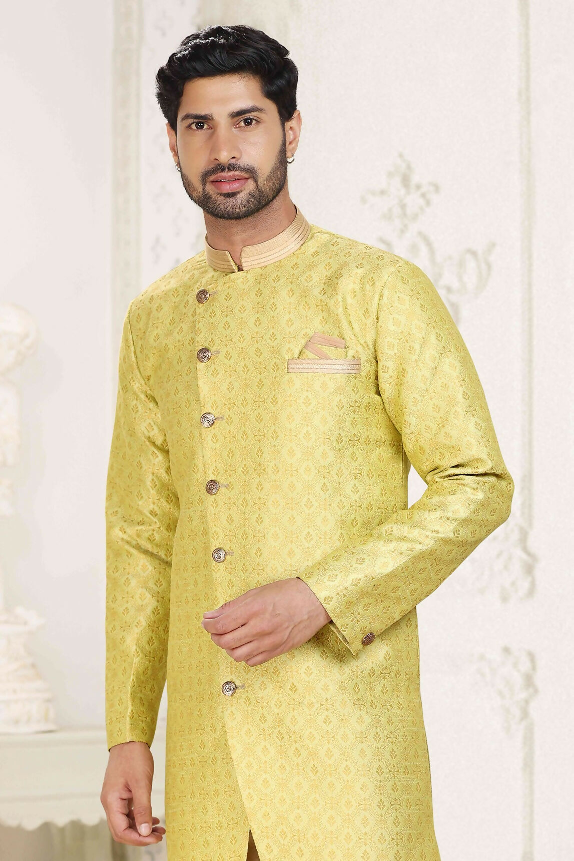 Raivat Ethnic Banarasi Jacquard Embroidery Semi Indo Western Sherwani In Lemon Yellow Colour | Swadesiicart