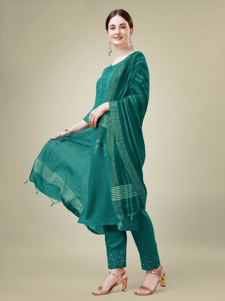 Jyoti Fashion Women's Teal Cotton Blend Embroidery & Sequence work Kurta with Trouser & Dupatta | Swadesiicart