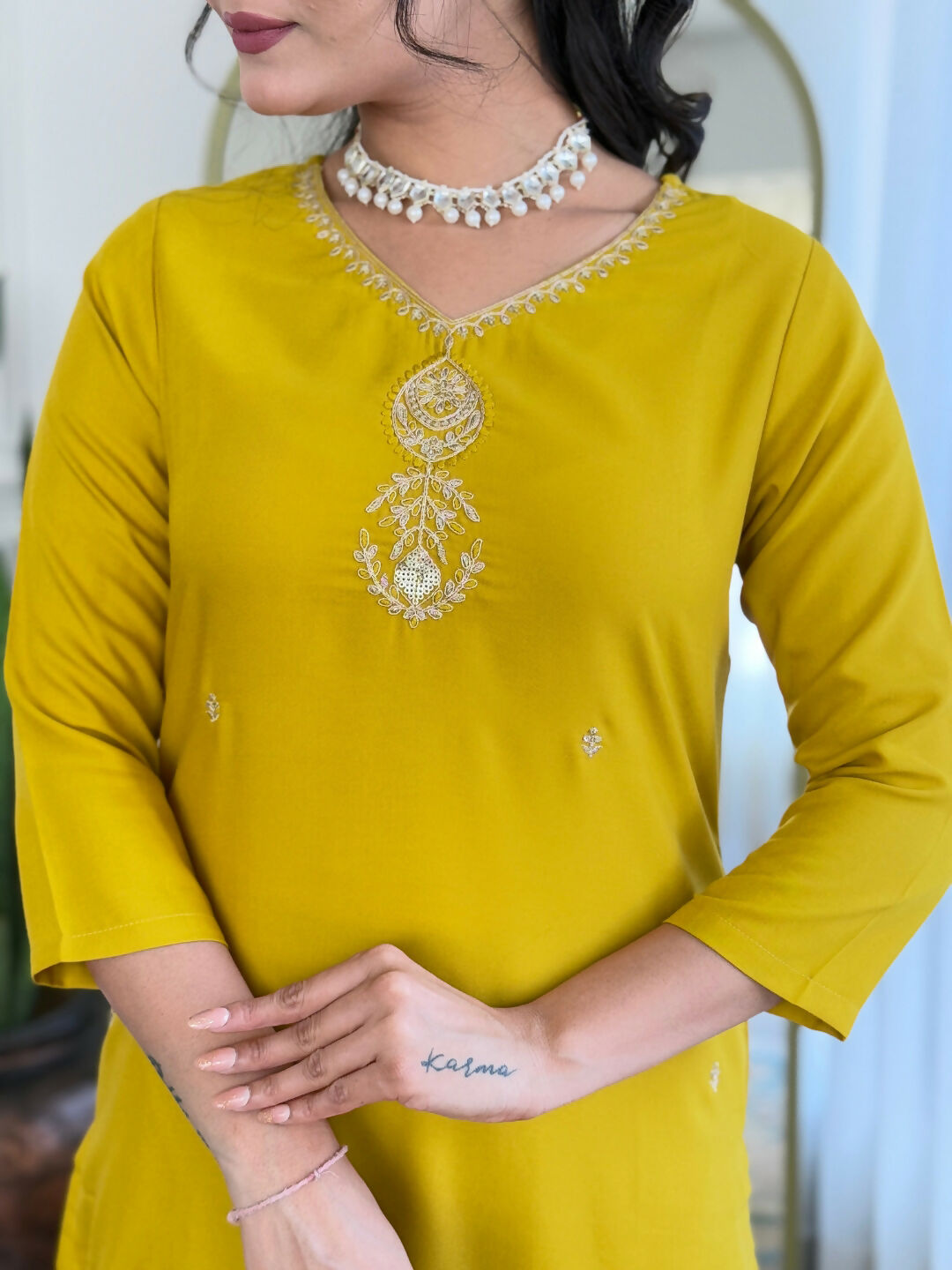 The52 Yellow Women's Beautiful Embroidered Rayon Fabric with Straight Kurta, Pant and Dupatta Set - Swadesiicart