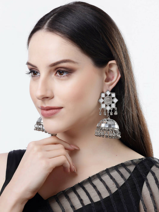 NVR Women Silver Mirror Oxidised Brass-Plated Jhumka Earrings | Swadesiicart