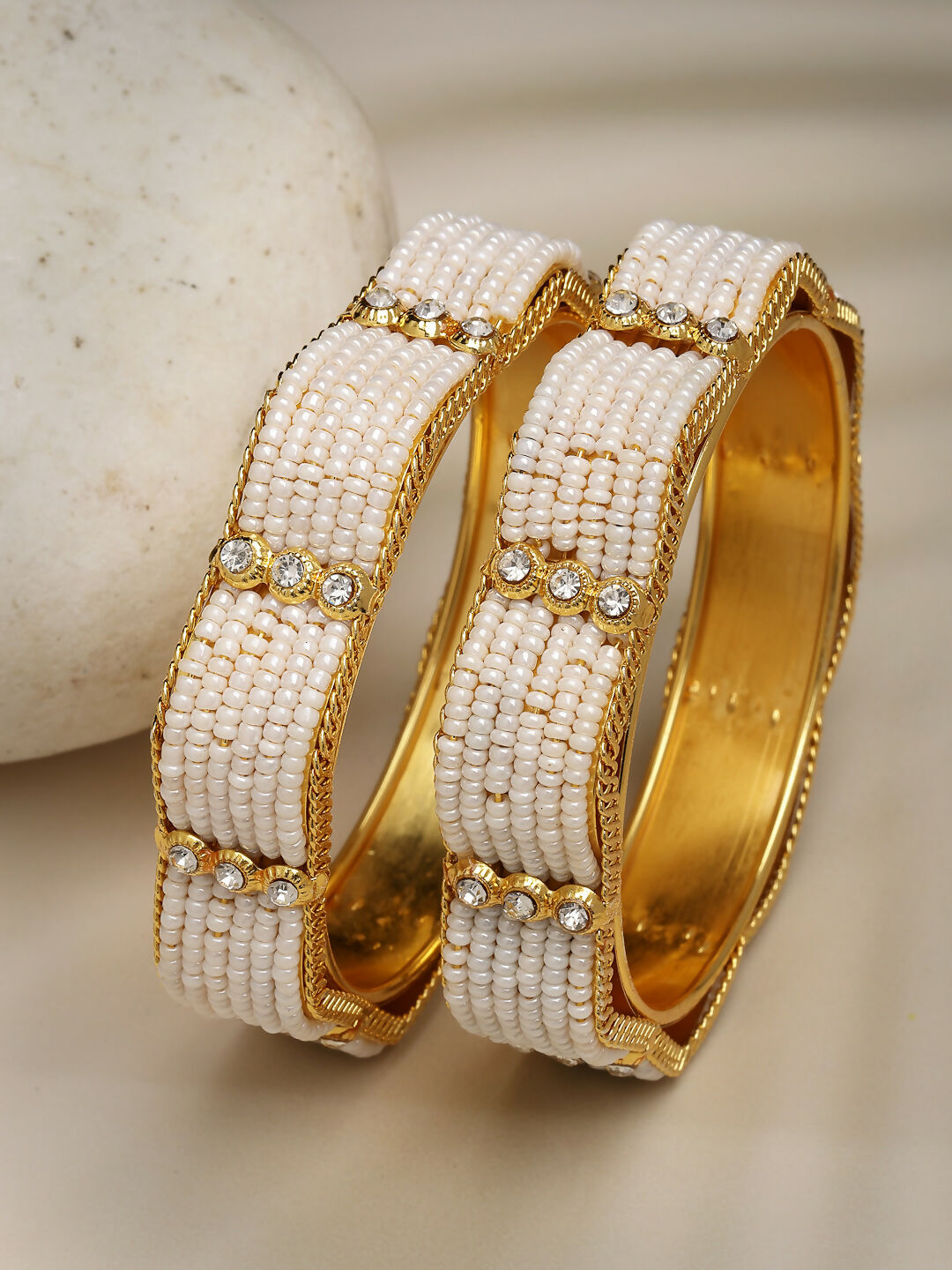 NVR Women's Set of 2 Gold-Polished Pearl Handcrafted Traditional Bangles - Swadesiicart