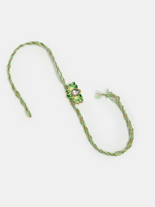 NVR Women & Men Set of 2 Green Lotus Shape Kundan-Studded & Beaded Handcrafted Wraparound Rakhi Set With Roli Chawal | Swadesiicart