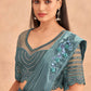 Blue Satin Embroidered Ready To Wear Saree With Unstitched Blouse Piece - Nandika | Swadesiicart