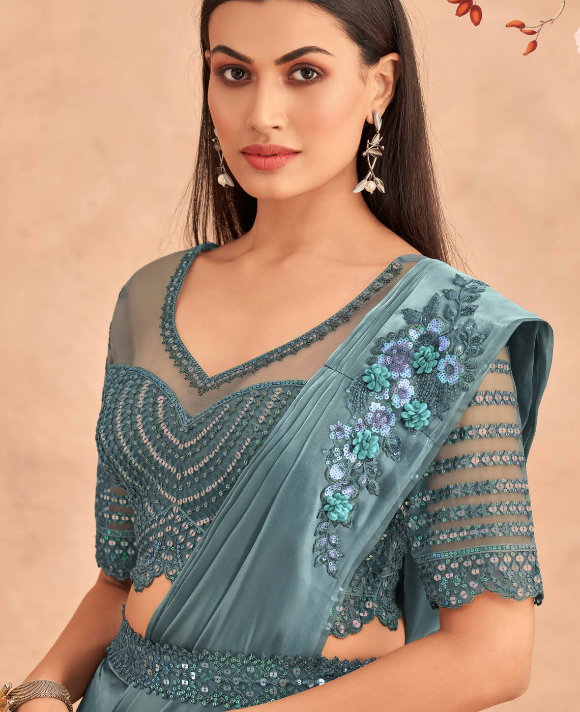 Blue Satin Embroidered Ready To Wear Saree With Unstitched Blouse Piece - Nandika | Swadesiicart