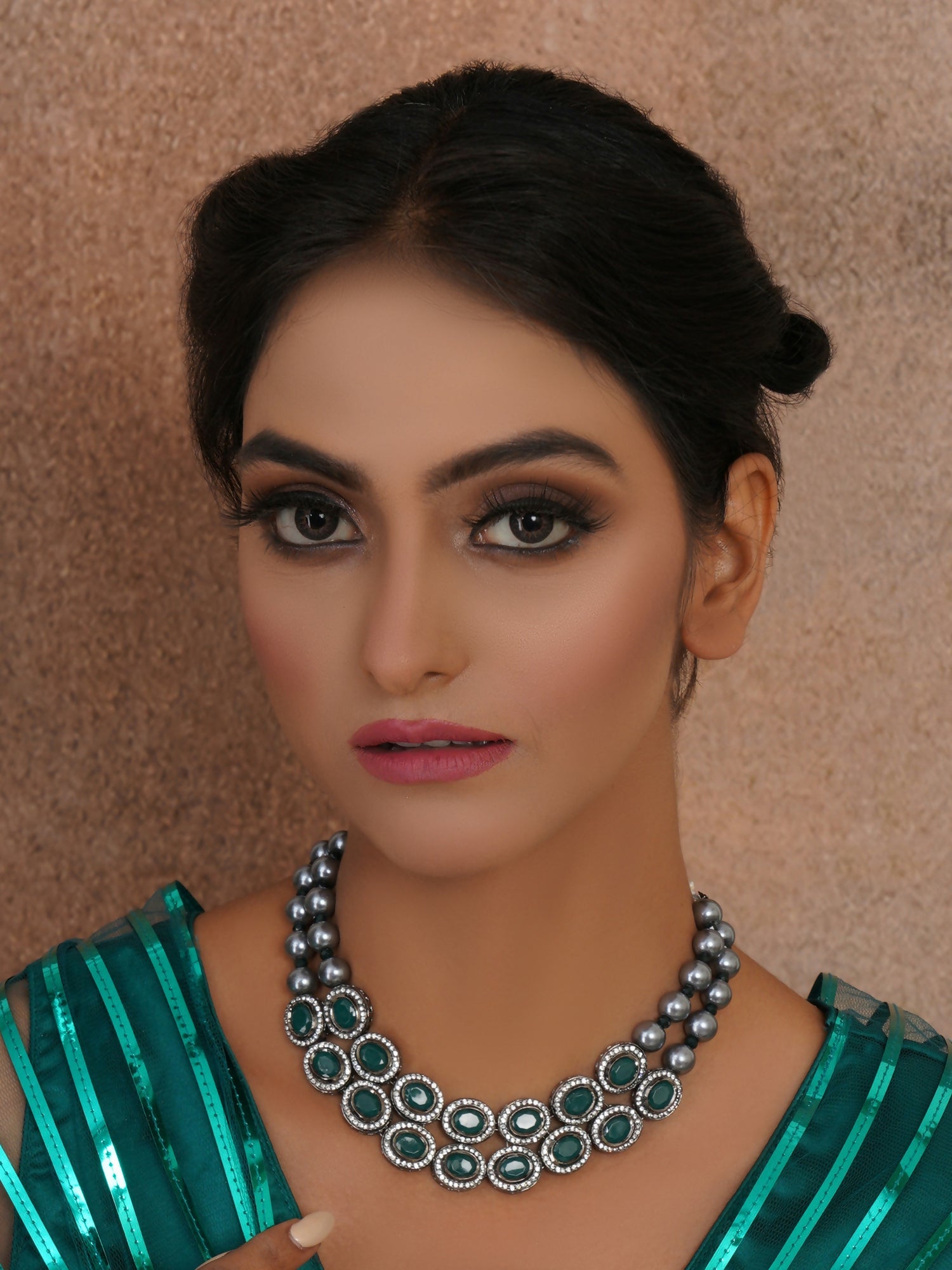 Green Stone Kundan Neckpiece with Grey Stones (Grey) - Ruby Raang | Swadesiicart