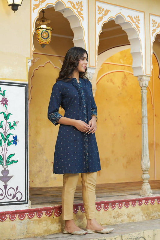 Juniper Women's Blue Cotton Flex Printed A-Line Kurta | Swadesiicart