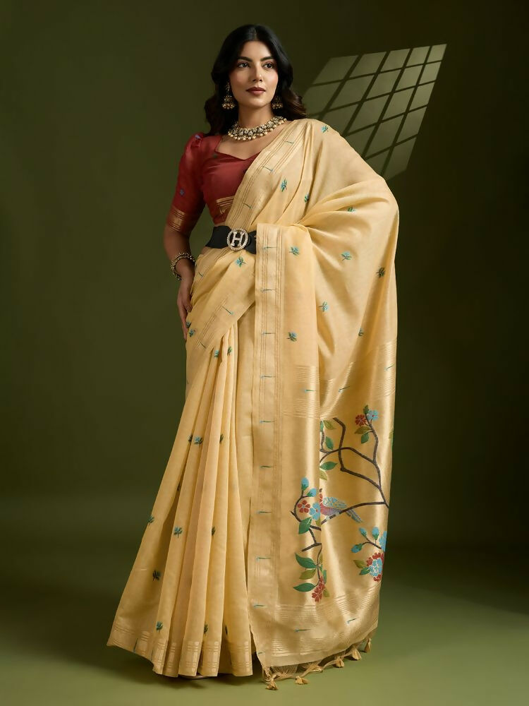 Vishnu Weaves Women's Yellow Muga Cotton Thread Woven Butti with Blouse - Swadesiicart