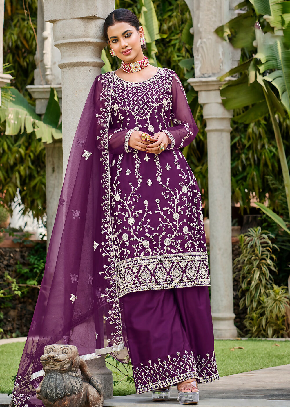 Violet Purple Stone & Cording Work Festive Palazzo Suit - Emponline | Swadesiicart