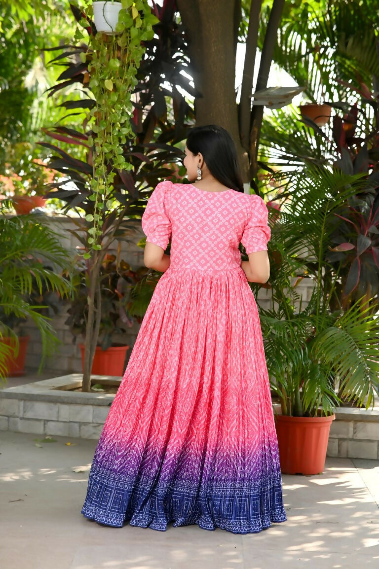 Jyoti Fashion Women's Pink Bandhej Print with Crush Pleating Muslin Anarkali Dress | Swadesiicart