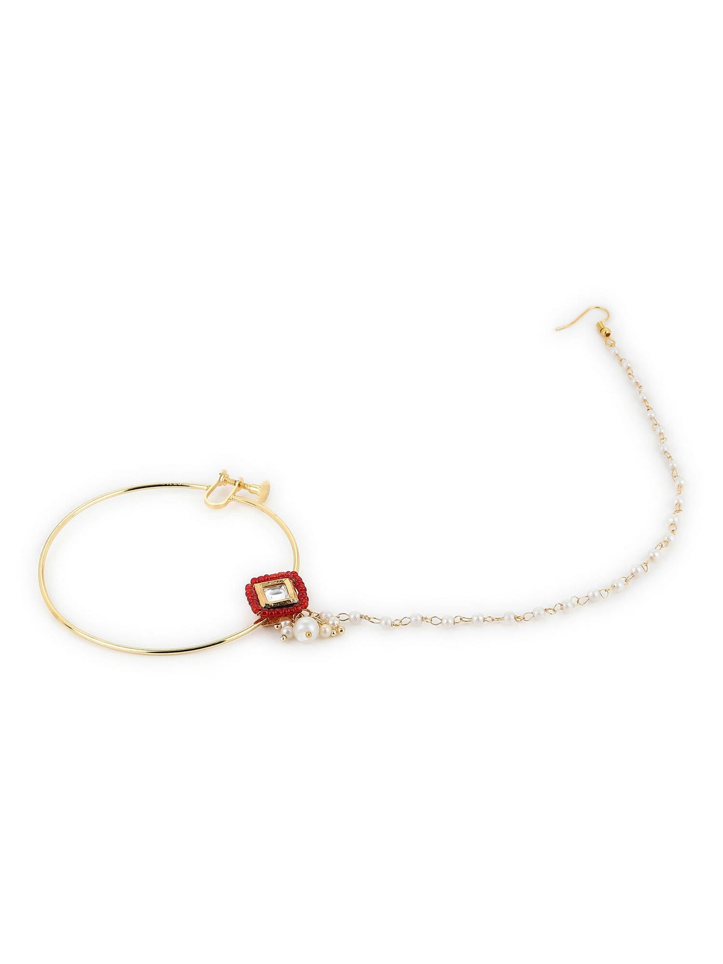 White Red Gold-Polished Kundan-Studded Beaded Nosepin - Ruby Raang | Swadesiicart