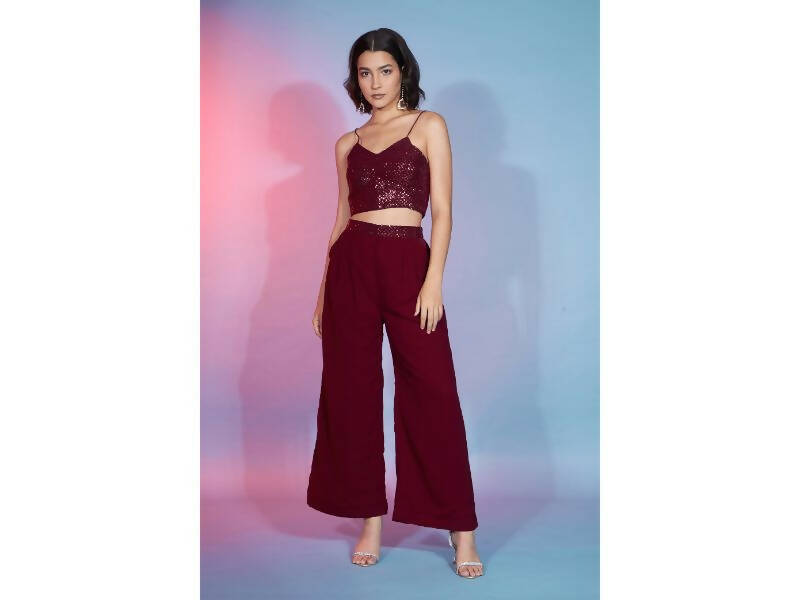 Red Georgette Sequence With Thread Designer Co-Ord Set - Flory - Swadesiicart