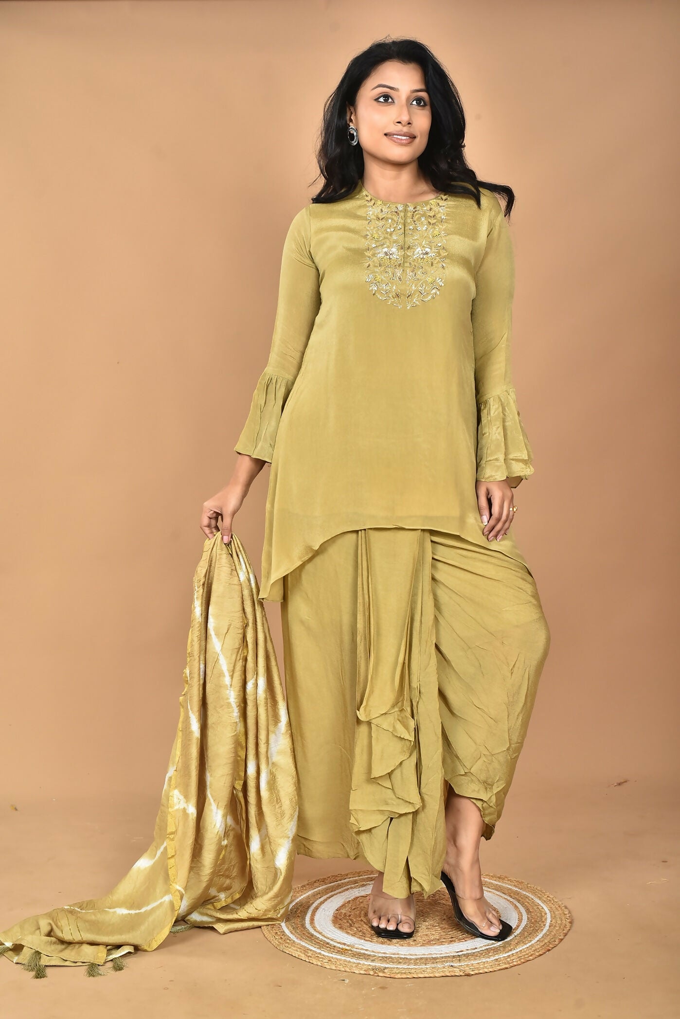 Morchari Women And Hand Embroidery Palazzo Set-Mehandi Green - Swadesiicart