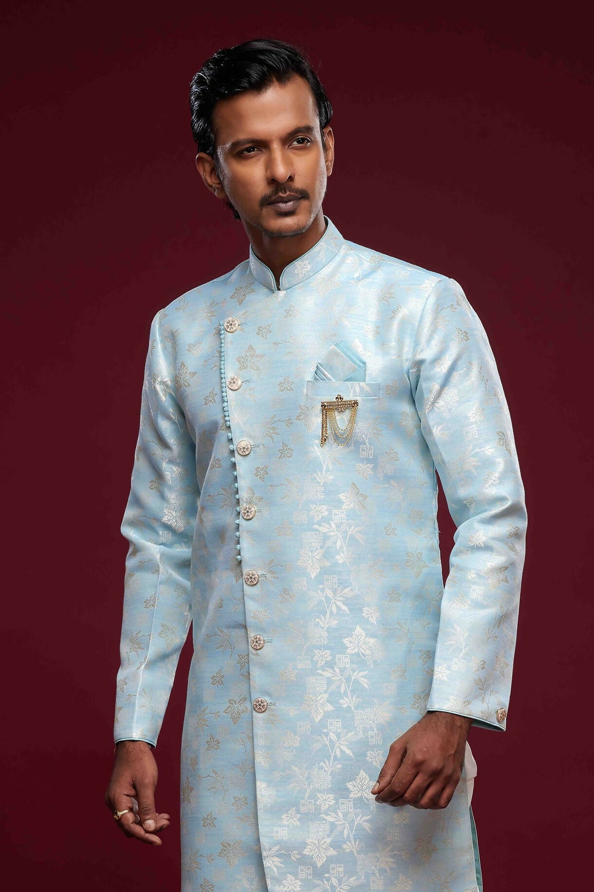 Raivat Ethnic Banarasi Jacquard Embroidery Semi Indo Western Sherwani In Sky Blue Colour | Swadesiicart