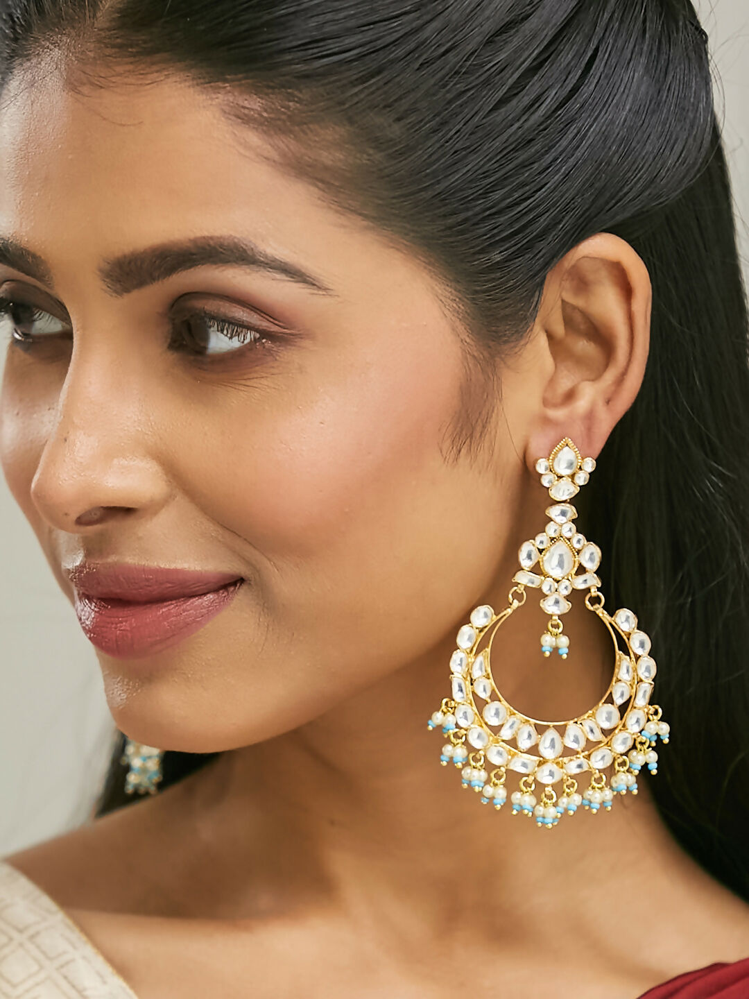 Nuyug 22K Gold-Plated Kundan Stone Studded & Pearl Beaded Chandbalis | Swadesiicart