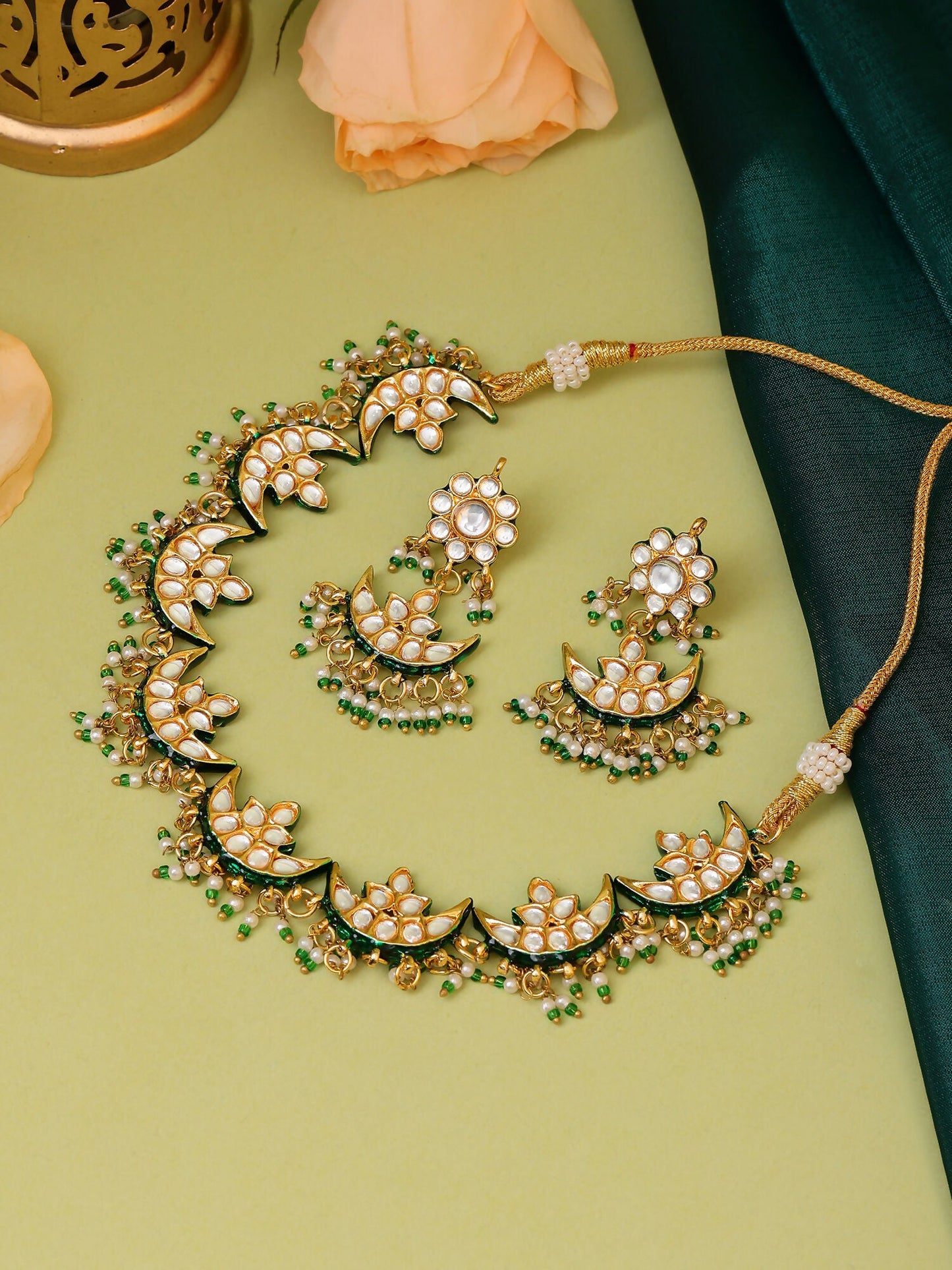 Ruby Raang Gold Polished Kundan Work Gold Half Moon Kundan Necklace With Earrings | Swadesiicart