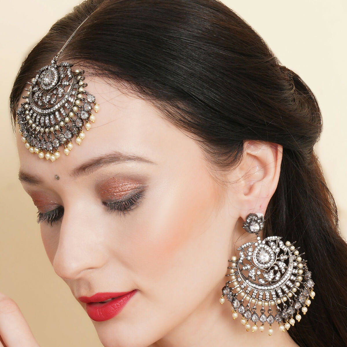 Diamond Earrings with Matching Maang Tikka- Ruby Raang | Swadesiicart