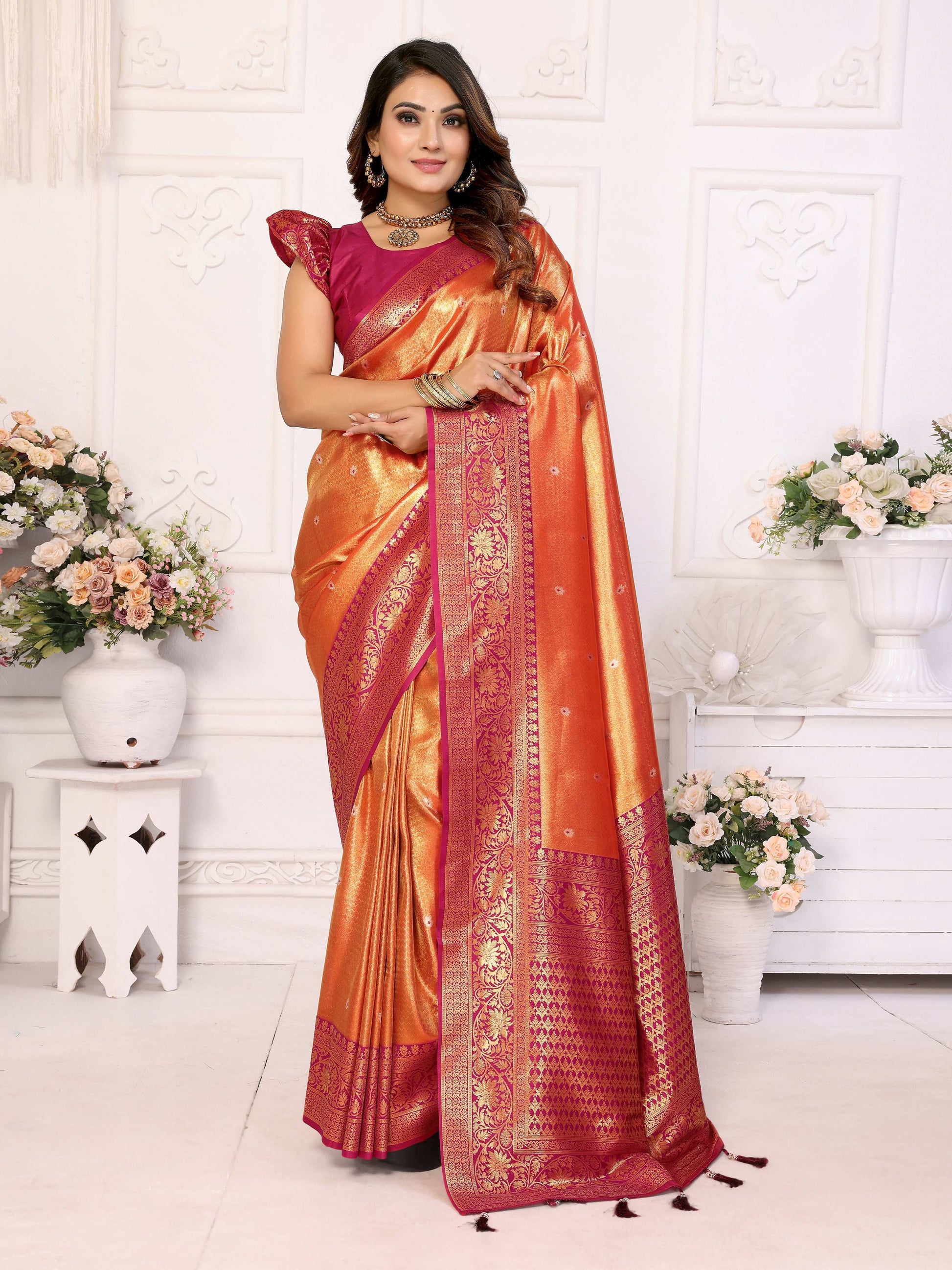 Aastha Fashion Orange Tissue Silk Weaving Saree
