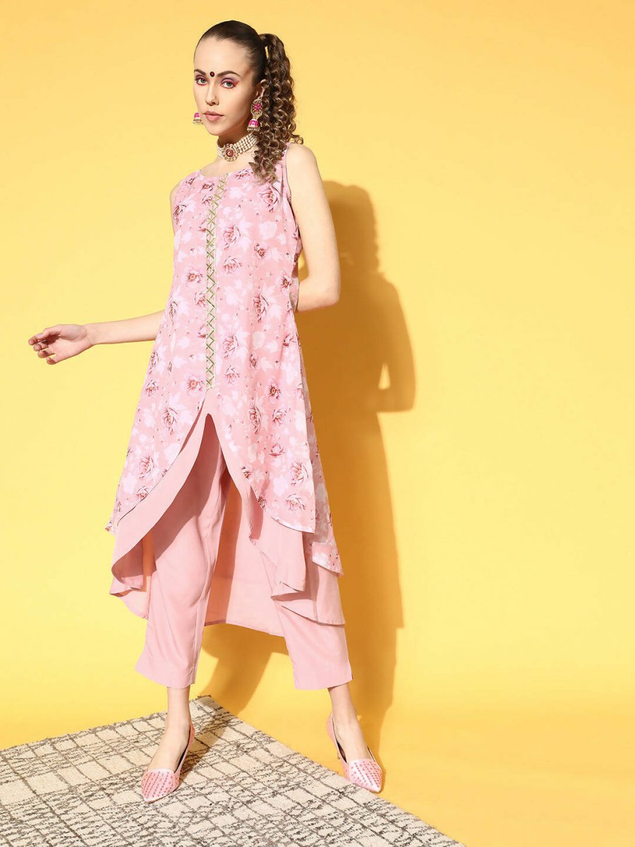 Ahalyaa Women Rose Colour Organza Digital Printed Kurta Pant Set | Swadesiicart