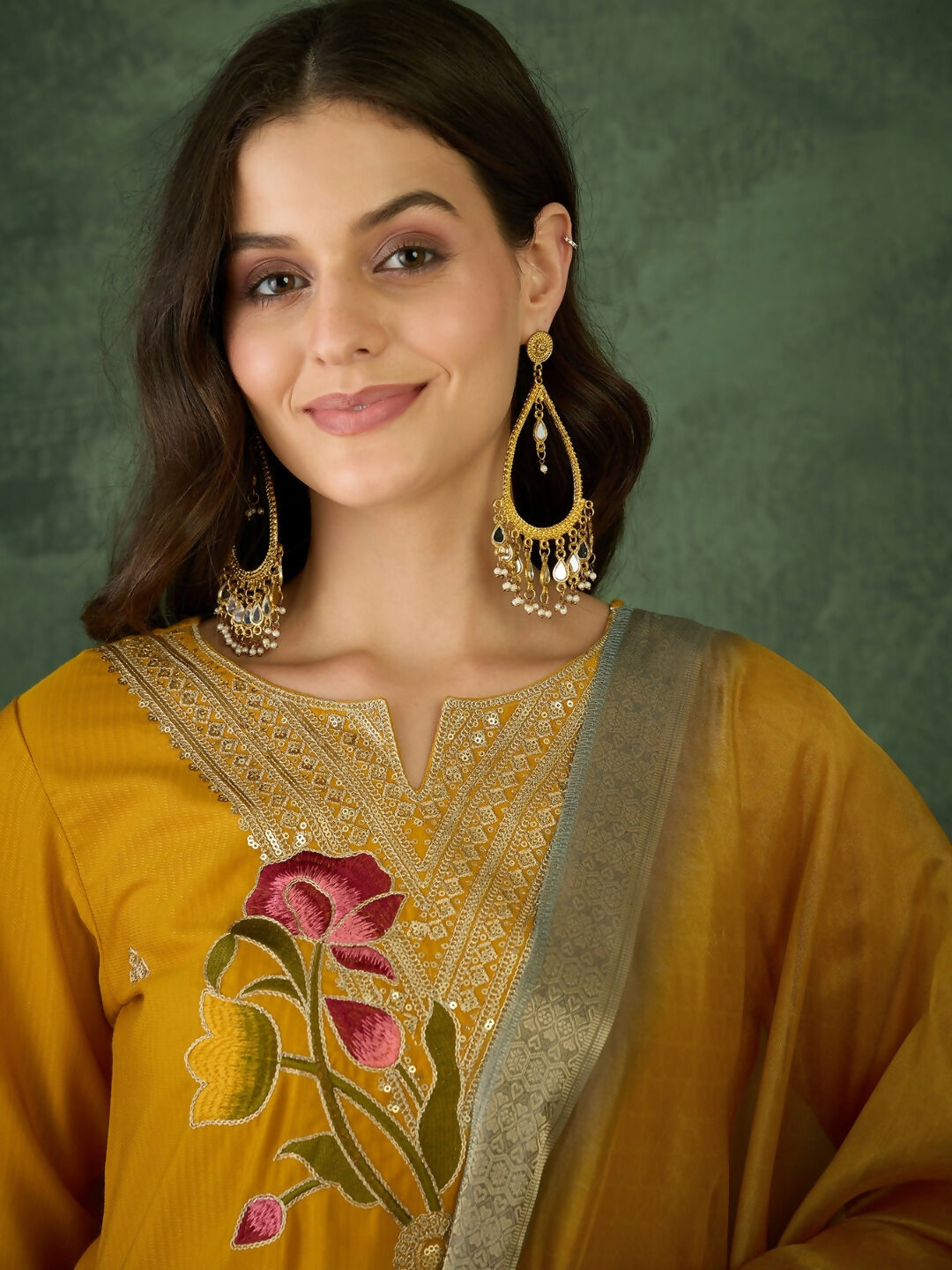 The52 Mustard Women's Beautiful Rayon Fabric Embroidered Work Straight Kurta, Pant and Dupatta Set - Swadesiicart