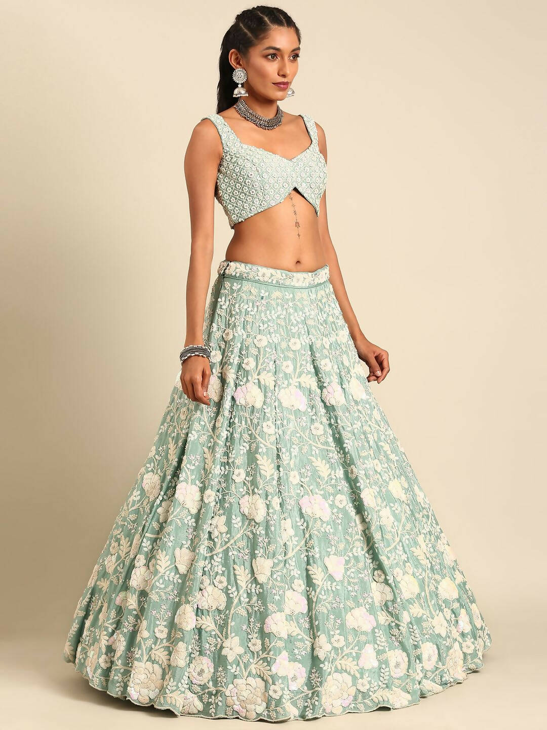 House of Panchhi Sea Green Chinon Sequins and Zarkan embroidery Lehenga choli & Dupatta | Swadesiicart