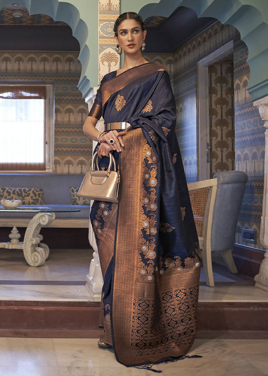 Navy Blue Tussar Banarasi Silk Designer Saree - Emponline | Swadesiicart