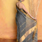 Very Much Indian Handloom Pure Cotton Linen Saree With Golden Border - Grey Gold | Swadesiicart