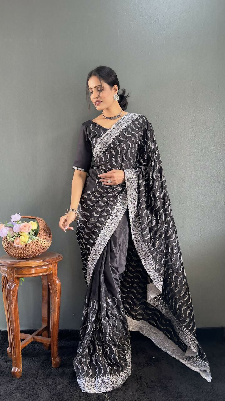 Vastranavya Black Chinnon Silk Embroidery Multi Sequence & Arco Cut Work Ready to Wear Saree | Swadesiicart