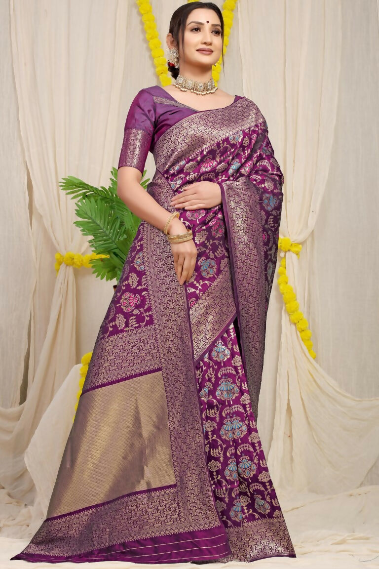 Jyoti Fashion Women's Wine Kanjivaram Silk Zari Woven Saree with Blouse | Swadesiicart