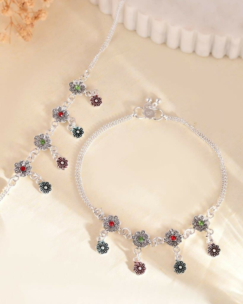 VOJ Set of 2 Silver Plated Meenakari Multi Color Anklet - Swadesiicart